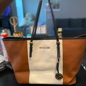 Michael Kors Brown and White Tote Bag